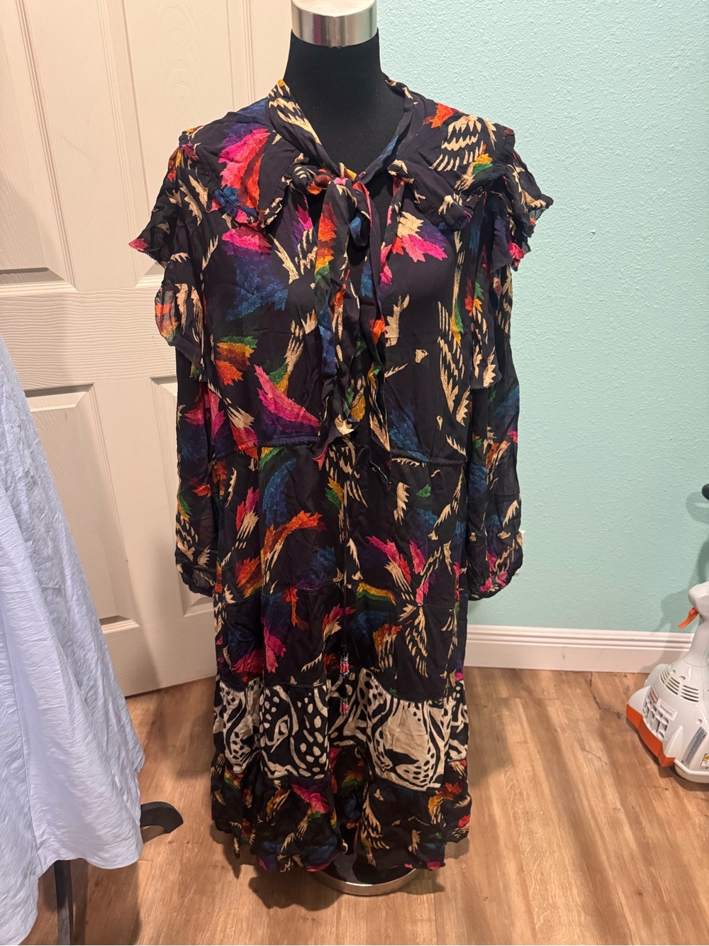 FARM Rio Black Macaws Flight Ankle Dress Black Multi-Color Printed Tie-